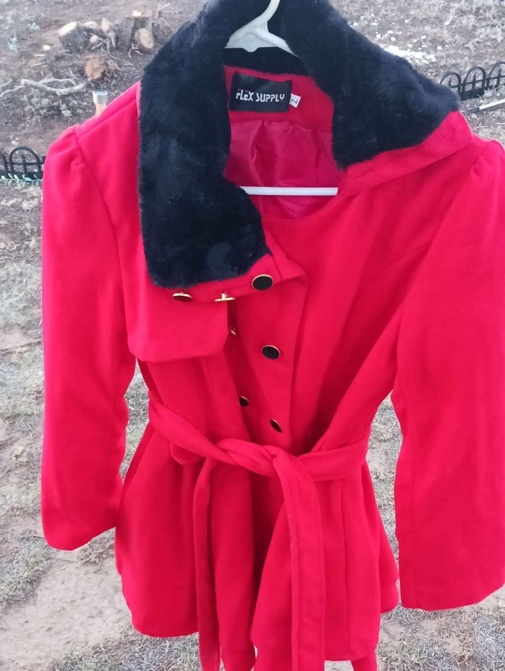 Red Trench Coat with Black Faux-Fur Collar —